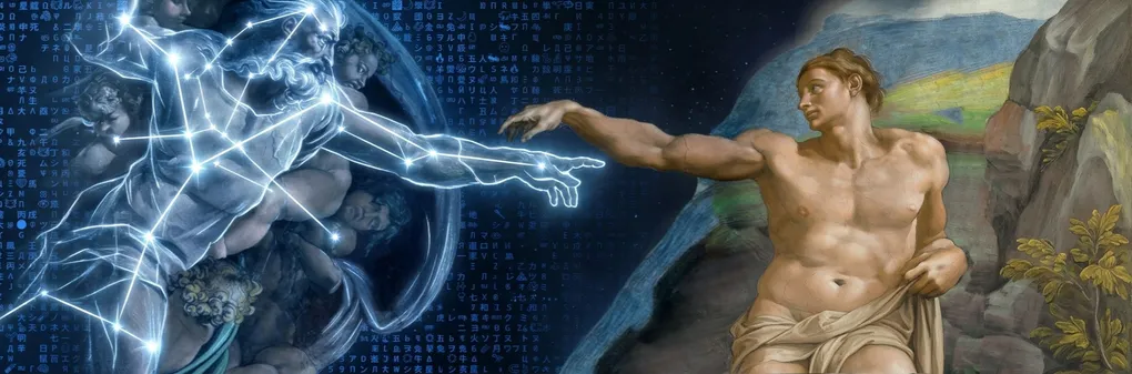 Michelangelo's Creation of Adam, reworked so that God's figure is a glowing blue constellation of light wired into a field of code-like glyphs, reaching out toward the hand of the classically painted Adam.