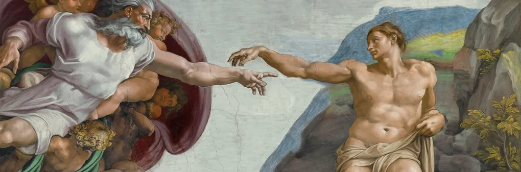 Michelangelo's Creation of Adam: God, borne aloft amid figures, reaches out to the near-touching hand of the reclining Adam.